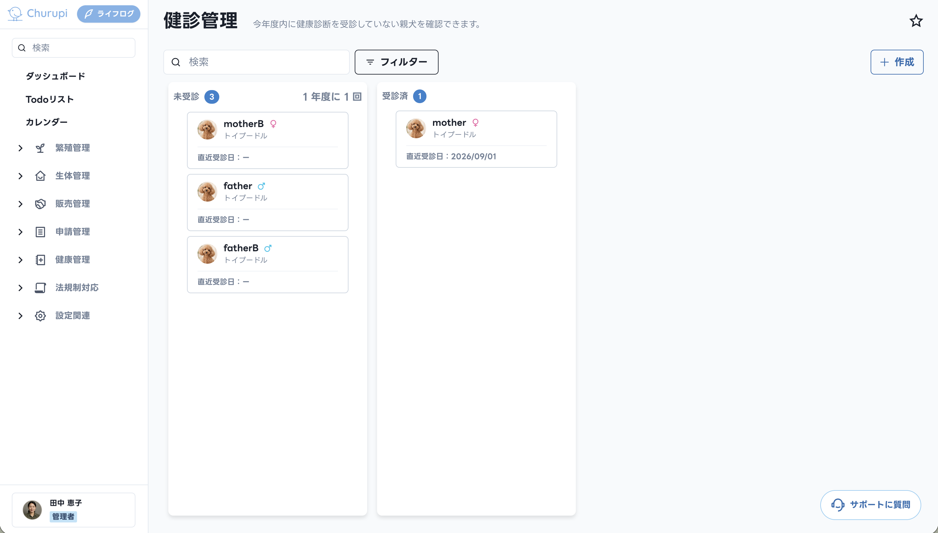 Churupiの健診管理画面で、今年度の未受診と受診済みの親犬・親猫を一覧表示した画面