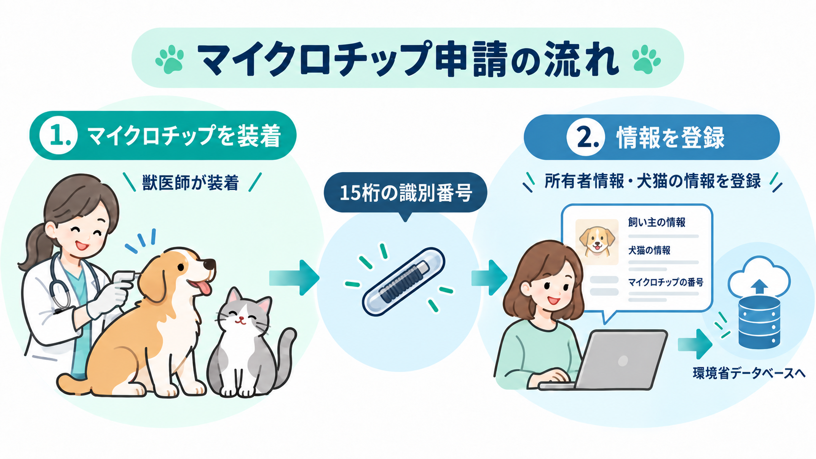 獣医師によるマイクロチップ装着から、犬・猫の情報を環境省データベースへ登録するまでの流れ
